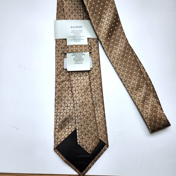 Balmain Necktie Men's Silk Tie 100% Silk Foulard Tie New Brown Grey & White Dots - Picture 5 of 8